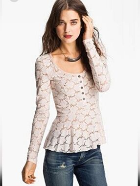 Free People Light Pink Lace Long-Sleeve Peplum Top